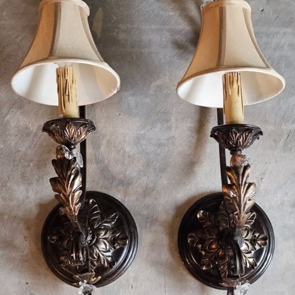 Pair of Vtg Oil Rubbed Bronze Electrical Wall Sconces w/ Original Shades (read)